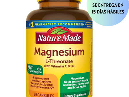 Nature Made L-treonato de magnesio con vitamina C y vitamina D3, proporciona 130 mg de magnesio de 1800 mg de treonato de magnesio L, suplemento de magnesio de apoyo cognitivo, 90 cápsulas For Sale