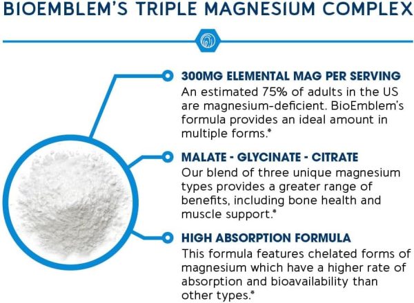 BioEmblem Complejo de Magnesio Triple, 300 mg de Glicinato de Magnesio, Malato y Citrato alta absorción, vegano, sin OMG, 90 cápsulas Hot on Sale