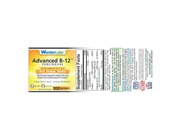 WonderLabs , Vitamina B12 sublingual (1000 mcg), B6 (5 mg), ácido fólico (400 mcg) y biotina (25 mcg) - 100 tabletas Online now