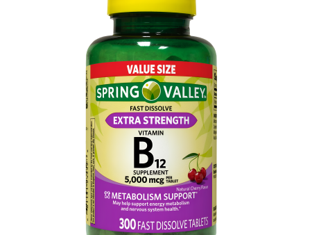 B12 spring valley  tabletas extra fuertes de disolución rápida - sabor cereza, 5000 mcg, 300 unidades For Sale