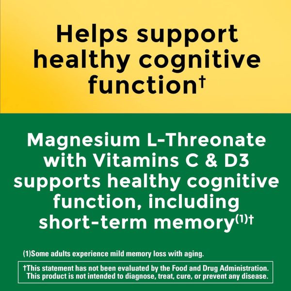 Nature Made L-treonato de magnesio con vitamina C y vitamina D3, proporciona 130 mg de magnesio de 1800 mg de treonato de magnesio L, suplemento de magnesio de apoyo cognitivo, 90 cápsulas For Sale