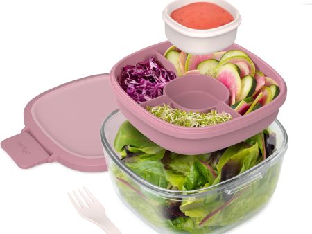 Bentgo Glass – Ensaladera a prueba de fugas con tazón grande, bandeja estilo bento de 4 compartimentos para aderezos, contenedor de salsa de 3 oz para aderezos y tenedor reutilizable incorporado (rosa) Online