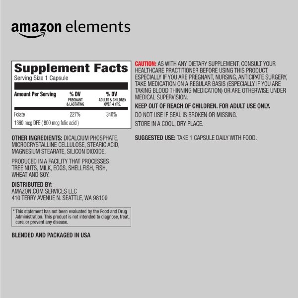 Amazon Elements Ácido fólico 800 mcg por porción, tableta, 180 unidades For Discount