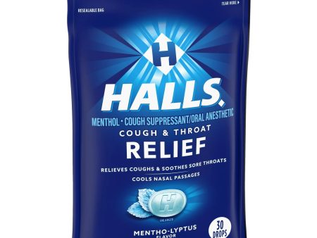 HALLS RELIEF Cough & Throat - Alivio para tos, 30 caramelos sabor MENTHO-LYPTUS Supply