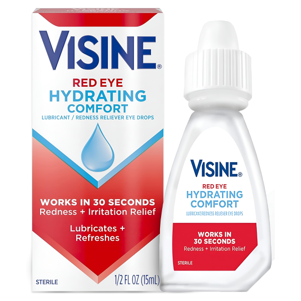 Visine Red Eye Hydrating Comfort Alivio del enrojecimiento y gotas lubricantes para ayudar a hidratar y aliviar los ojos rojos debido a irritaciones menores de los ojos Rápido, Tetrahidrozolina HCl, 15ml Supply