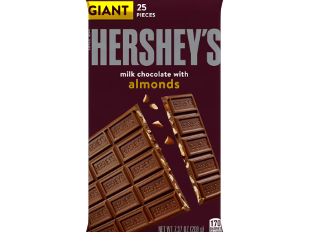 Hershey s Milk Chocolate with almonds GIANT - 25 piezas, 208g - 170 calorías por 4 piezas For Cheap