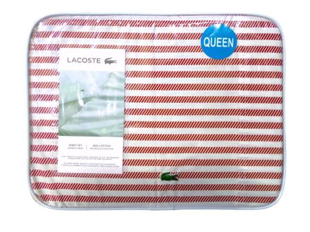 Juego de Sábanas Lacoste para tamaño QUEEN franjas rojas y blancas Supply