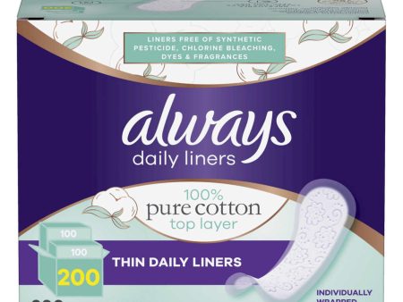 Always daily liners 100% algodón, 200 toallitas delgadas diarias Hot on Sale