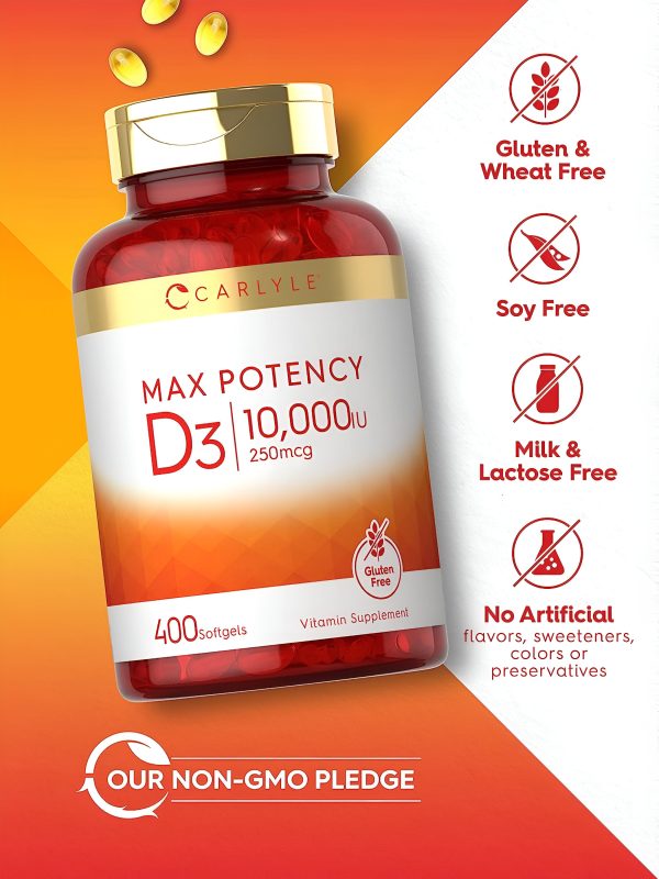 Vitamina D3 10,000 IU 400 Cápsulas blandas-Máxima Potencia-Sin OMG, Sin gluten por Carlyle Online Hot Sale