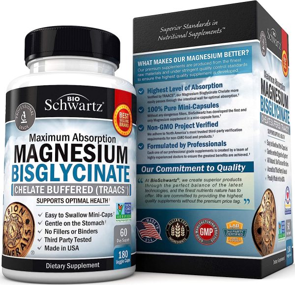 Bisglicinato de magnesio 100% efecto no laxante - Máxima absorción y totalmente reaccionado y tamponado - Energía saludable muscular y apoyo articular - sin OMG -180 mini capsulas For Cheap