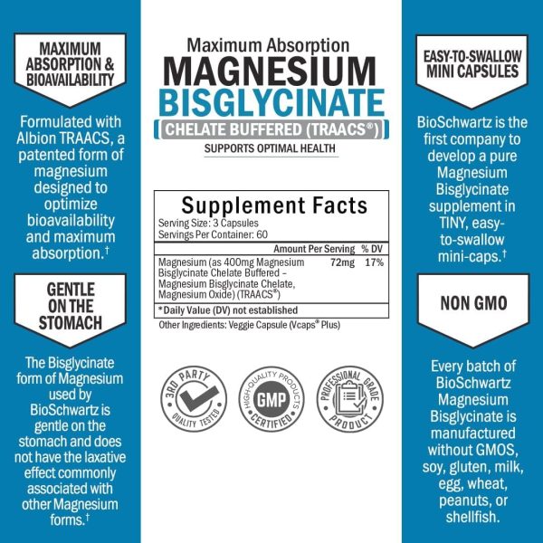 Bisglicinato de magnesio 100% efecto no laxante - Máxima absorción y totalmente reaccionado y tamponado - Energía saludable muscular y apoyo articular - sin OMG -180 mini capsulas For Cheap