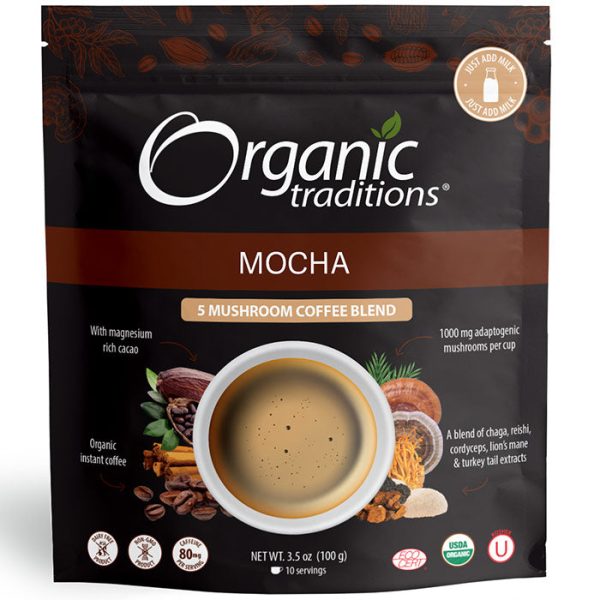 5 Mushroom Coffee Blend, Mocha, 3.5 oz (100 g), Organic Traditions on Sale