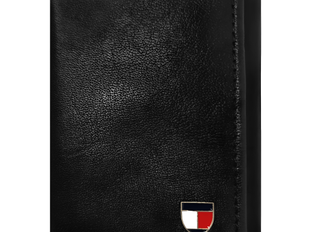 Billetera Tommy Hilfiger negro tres pliegues, con placa en forma de escudo Discount