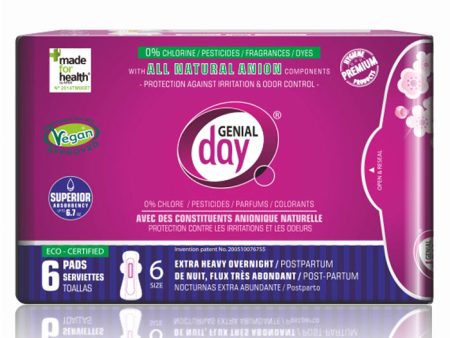 Eco Certified Extra Heavy Overnight   Postpartum Menstrual Pads with Anion Strip, 6 ct, Genial Day on Sale