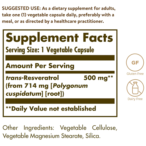 Solgar Resveratrol 500 mg, 30 cápsulas vegetales - protección antioxidante, sin gluten, sin lácteos Sale