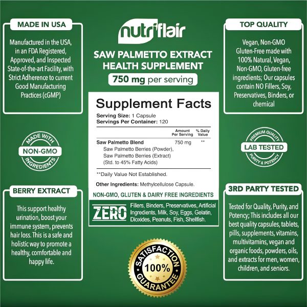 NUTRIFLAIR Saw Palmetto 750 mg, 120 capsulas -Natural Próstata Salud Apoyo Sale