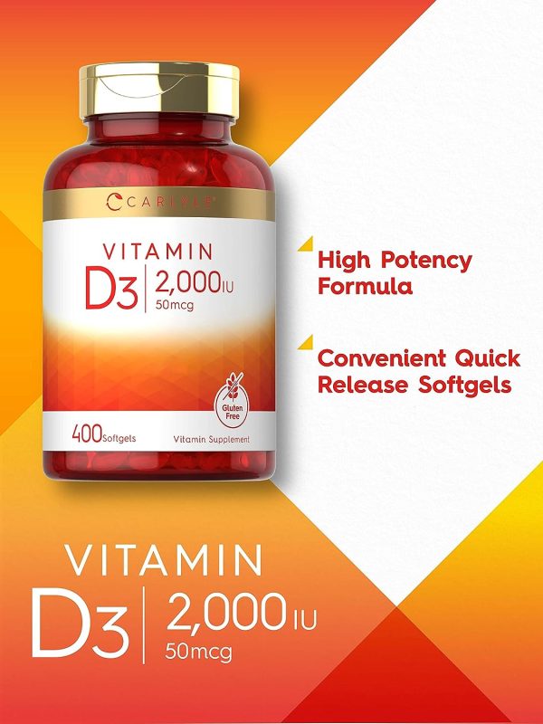 Vitamina D3 2000 UI 50 mcg  400 cápsulas blandas sin OMG y sin gluten Carlyle Laboratorio Sale