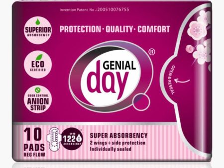 Eco Certified Regular Flow Menstrual Pads with Anion Strip, 10 ct, Genial Day Sale