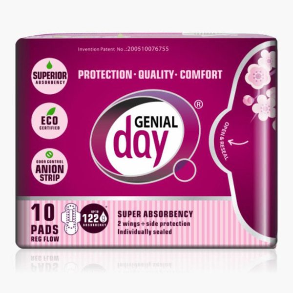 Eco Certified Regular Flow Menstrual Pads with Anion Strip, 10 ct, Genial Day Sale