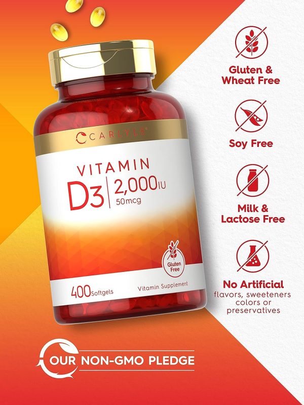 Vitamina D3 2000 UI 50 mcg  400 cápsulas blandas sin OMG y sin gluten Carlyle Laboratorio Sale