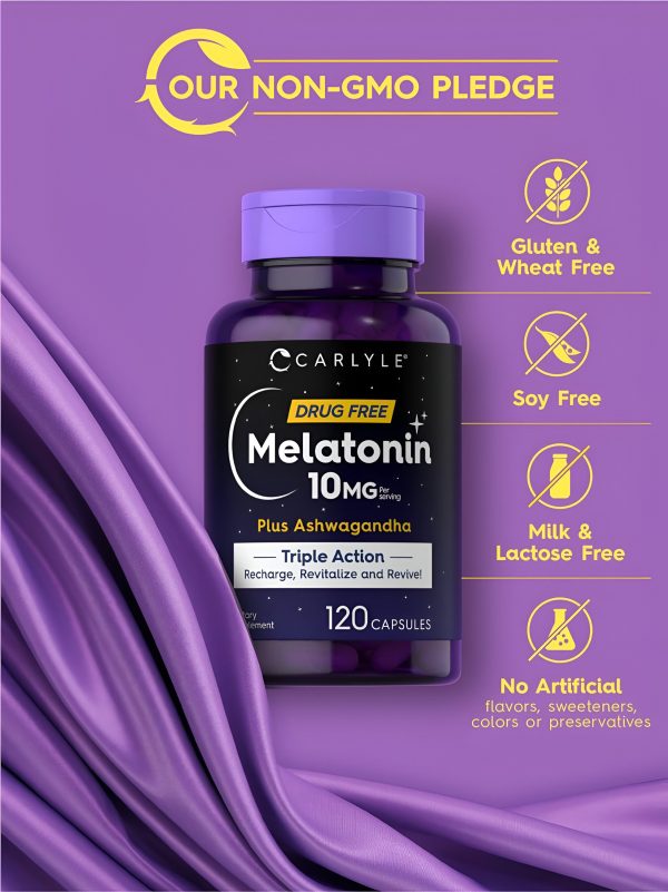 Melatonina 10 mg | 120 cápsulas | con Ashwagandha | Fórmula de triple fuerza | Sin OMG, suplemento sin gluten | por Carlyle For Sale