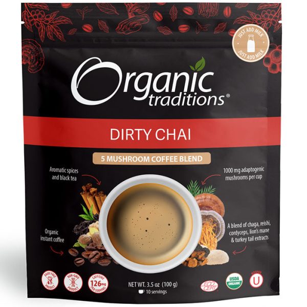 5 Mushroom Coffee Blend, Dirty Chai, 3.5 oz (100 g), Organic Traditions For Cheap