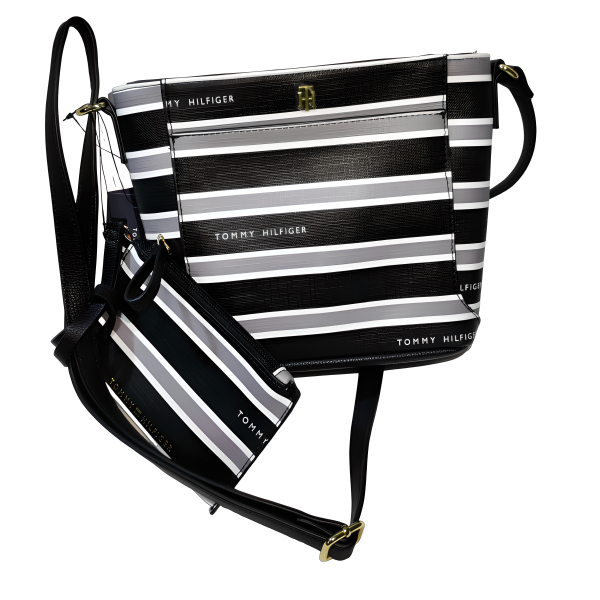 Tommy Hilfiger Antonella II-Crossbody negro con rayas plomas y blancas Discount