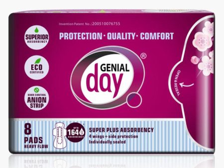 Eco Certified Heavy Flow Menstrual Pads with Anion Strip, 8 ct, Genial Day on Sale