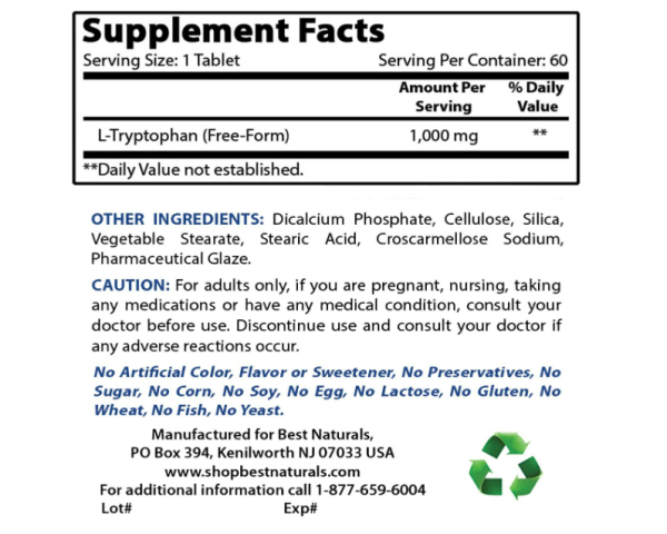 L-Tryptophan 1000mg , 60 tabletas - Best Naturals For Cheap